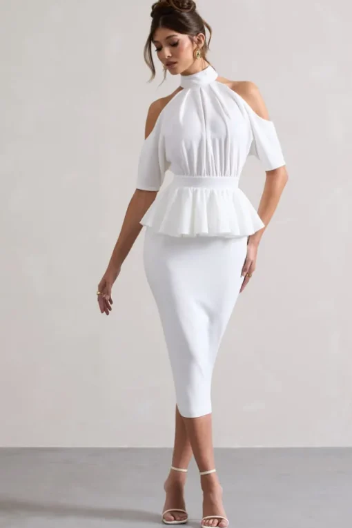 Yves | White High-Neck Cut-Out Midi Dress With Peplum Waist