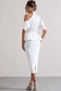 Yves | White High-Neck Cut-Out Midi Dress With Peplum Waist