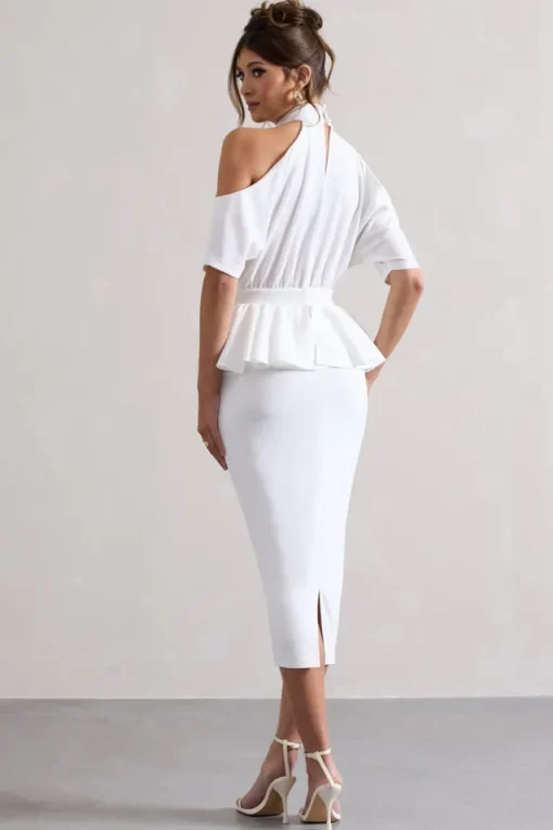 Yves | White High-Neck Cut-Out Midi Dress With Peplum Waist