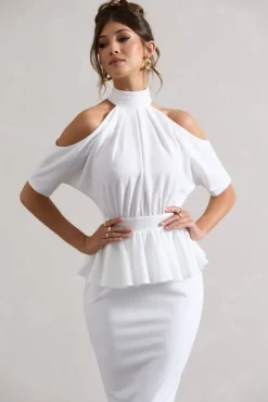Yves | White High-Neck Cut-Out Midi Dress With Peplum Waist