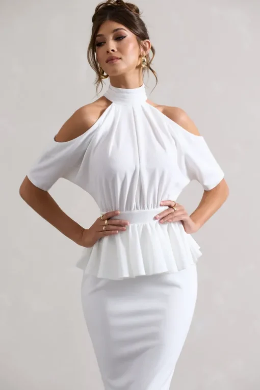 Yves | White High-Neck Cut-Out Midi Dress With Peplum Waist