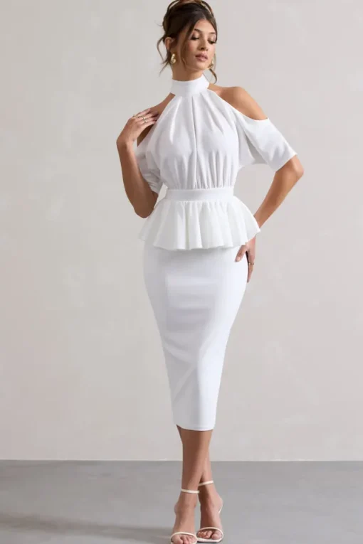 Yves | White High-Neck Cut-Out Midi Dress With Peplum Waist