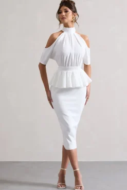 Yves | White High-Neck Cut-Out Midi Dress With Peplum Waist