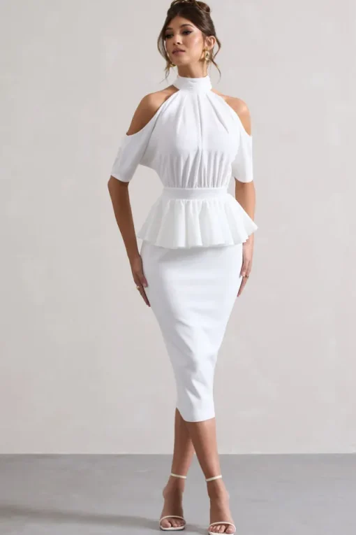 Yves | White High-Neck Cut-Out Midi Dress With Peplum Waist