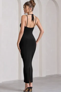 Yvette | Black Plunge-Neck Twisted Maxi Dress With Cross-Back