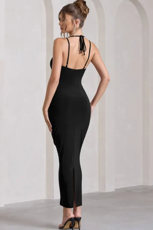 Yvette | Black Plunge-Neck Twisted Maxi Dress With Cross-Back