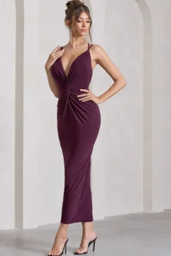 Yvette | Plum Plunge-Neck Twisted Maxi Dress With Cross-Back
