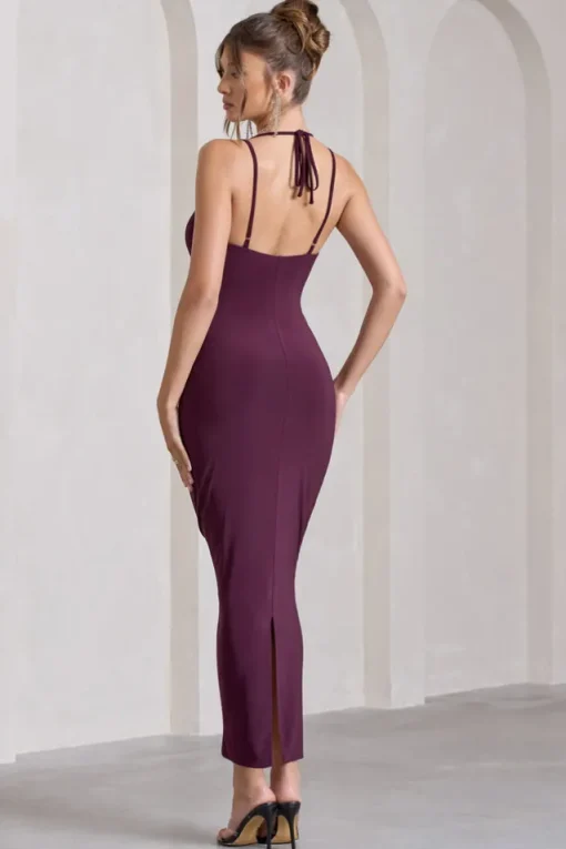 Yvette | Plum Plunge-Neck Twisted Maxi Dress With Cross-Back