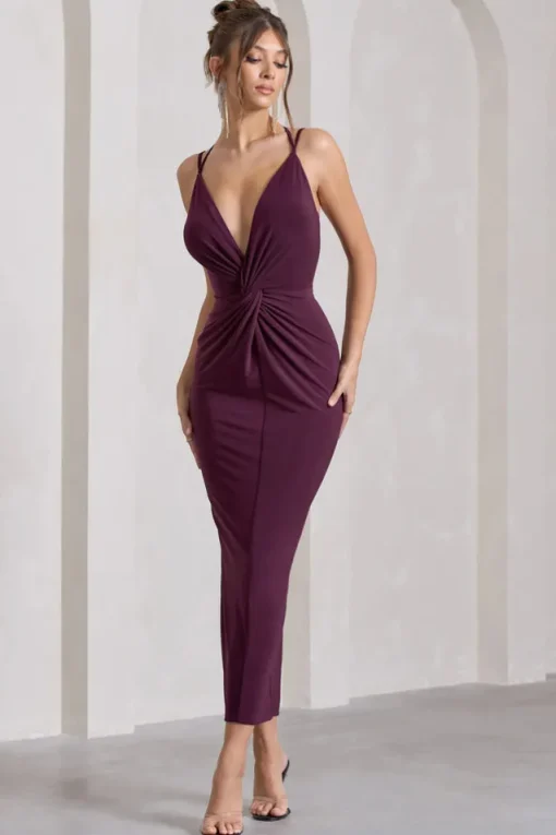 Yvette | Plum Plunge-Neck Twisted Maxi Dress With Cross-Back