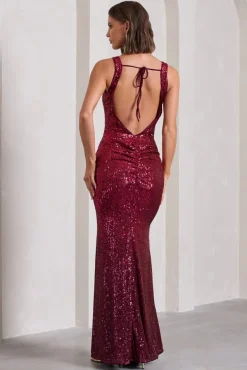 Yvonne | Plum Sequin Open-Back Bodycon Maxi Dress