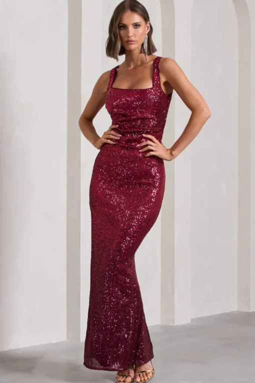 Yvonne | Plum Sequin Open-Back Bodycon Maxi Dress