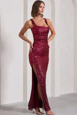 Yvonne | Plum Sequin Open-Back Bodycon Maxi Dress