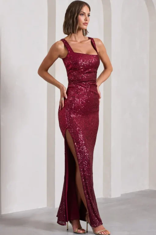 Yvonne | Plum Sequin Open-Back Bodycon Maxi Dress