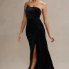 Zafira | Black Velvet Strapless Draped Maxi Dress