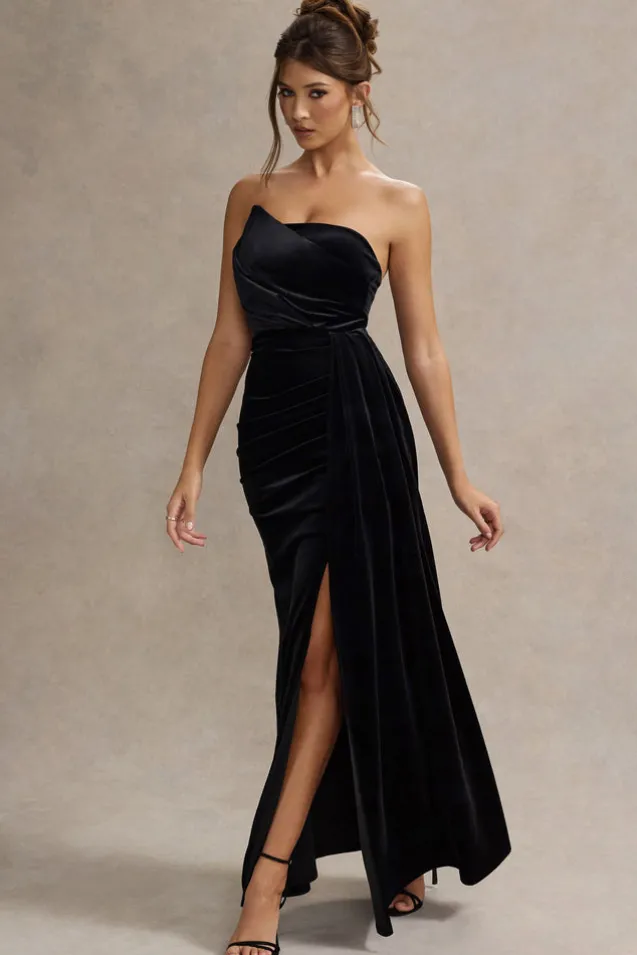 Zafira | Black Velvet Strapless Draped Maxi Dress