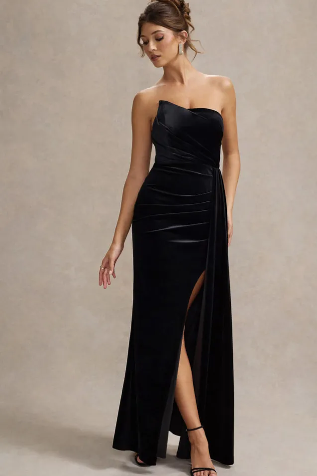 Zafira | Black Velvet Strapless Draped Maxi Dress