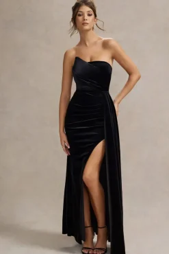 Zafira | Black Velvet Strapless Draped Maxi Dress