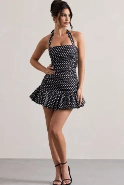 Zahra | Black u0026 White Polka Dot Halter-Neck Ruched Mini Dress With Ruffle Hem