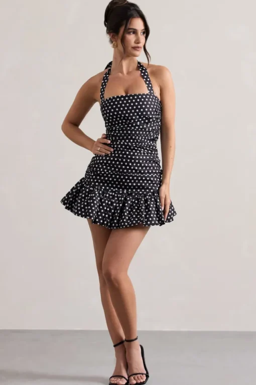 Zahra | Black u0026 White Polka Dot Halter-Neck Ruched Mini Dress With Ruffle Hem