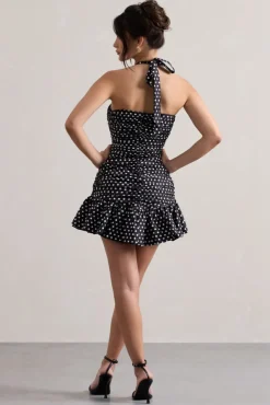 Zahra | Black u0026 White Polka Dot Halter-Neck Ruched Mini Dress With Ruffle Hem