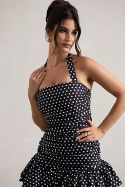 Zahra | Black u0026 White Polka Dot Halter-Neck Ruched Mini Dress With Ruffle Hem