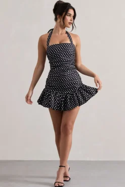 Zahra | Black u0026 White Polka Dot Halter-Neck Ruched Mini Dress With Ruffle Hem