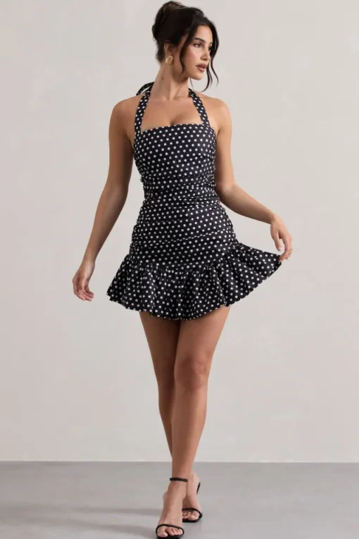 Zahra | Black u0026 White Polka Dot Halter-Neck Ruched Mini Dress With Ruffle Hem