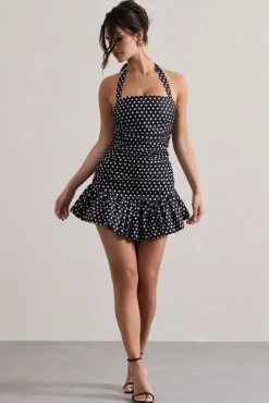 Zahra | Black u0026 White Polka Dot Halter-Neck Ruched Mini Dress With Ruffle Hem
