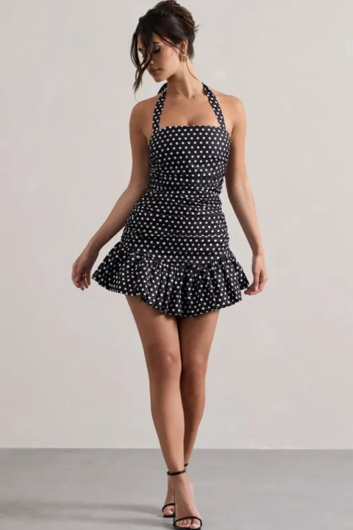 Zahra | Black u0026 White Polka Dot Halter-Neck Ruched Mini Dress With Ruffle Hem