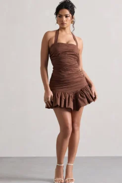Zahra | Chocolate Brown Halter-Neck Ruched Mini Dress With Ruffle Hem