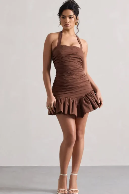 Zahra | Chocolate Brown Halter-Neck Ruched Mini Dress With Ruffle Hem