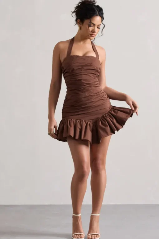 Zahra | Chocolate Brown Halter-Neck Ruched Mini Dress With Ruffle Hem