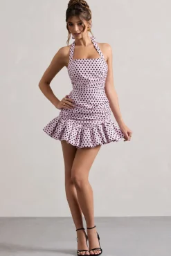 Zahra | Pink u0026 Black Polka Dot Halter-Neck Ruched Mini Dress With Ruffle Hem