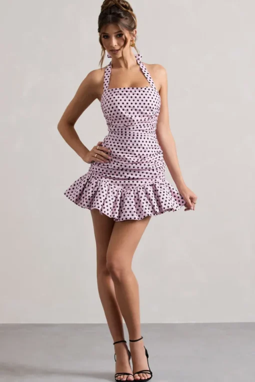 Zahra | Pink u0026 Black Polka Dot Halter-Neck Ruched Mini Dress With Ruffle Hem