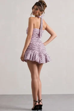 Zahra | Pink u0026 Black Polka Dot Halter-Neck Ruched Mini Dress With Ruffle Hem