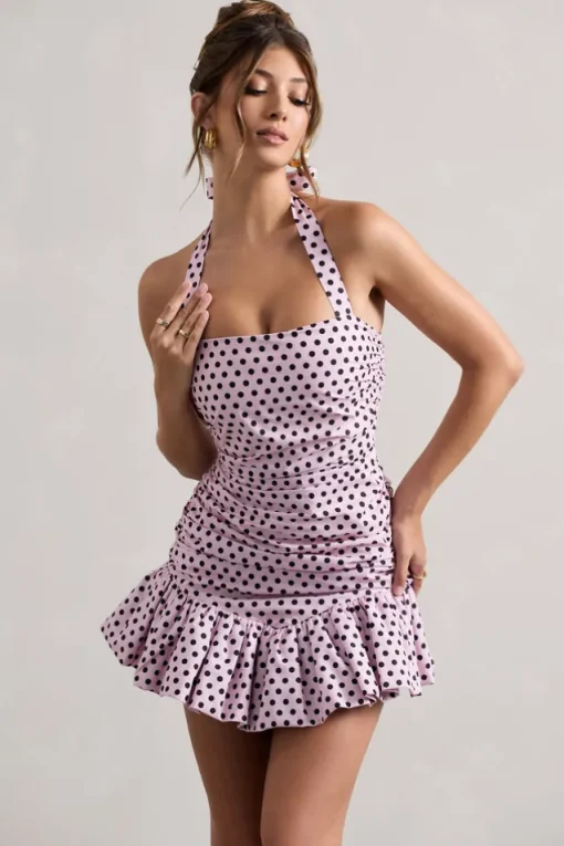 Zahra | Pink u0026 Black Polka Dot Halter-Neck Ruched Mini Dress With Ruffle Hem