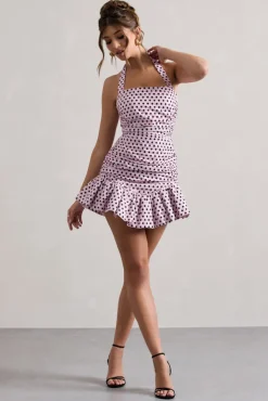 Zahra | Pink u0026 Black Polka Dot Halter-Neck Ruched Mini Dress With Ruffle Hem