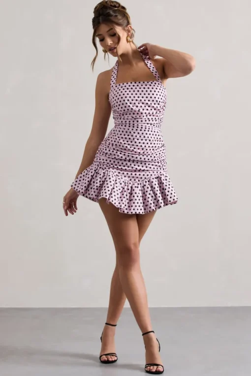 Zahra | Pink u0026 Black Polka Dot Halter-Neck Ruched Mini Dress With Ruffle Hem