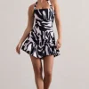 Zahra | Zebra Print Halter-Neck Ruched Mini Dress With Ruffle Hem