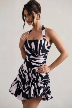 Zahra | Zebra Print Halter-Neck Ruched Mini Dress With Ruffle Hem