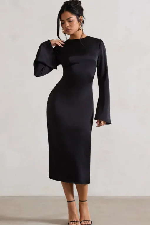 Zaina | Black Long Sleeve Midi Dress with High Neckline