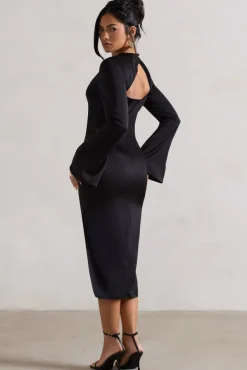 Zaina | Black Long Sleeve Midi Dress with High Neckline