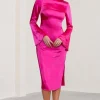 Zaina | Hot Pink Long Sleeve Midi Dress with High Neckline