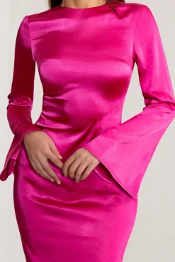 Zaina | Hot Pink Long Sleeve Midi Dress with High Neckline