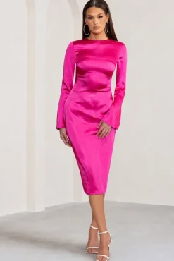 Zaina | Hot Pink Long Sleeve Midi Dress with High Neckline