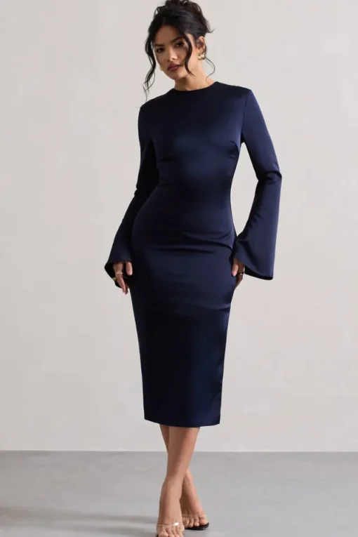 Zaina | Navy Long Sleeve Midi Dress with High Neckline
