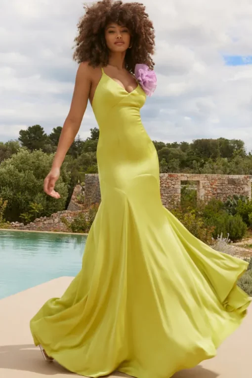 Zamora | Lime Green Plunge-Neck Fishtail Maxi Dress With Corsage