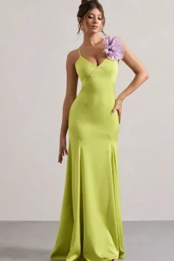 Zamora | Lime Green Plunge-Neck Fishtail Maxi Dress With Corsage
