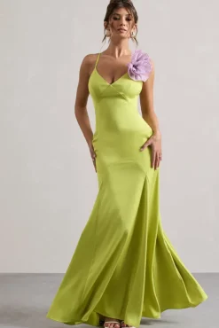 Zamora | Lime Green Plunge-Neck Fishtail Maxi Dress With Corsage