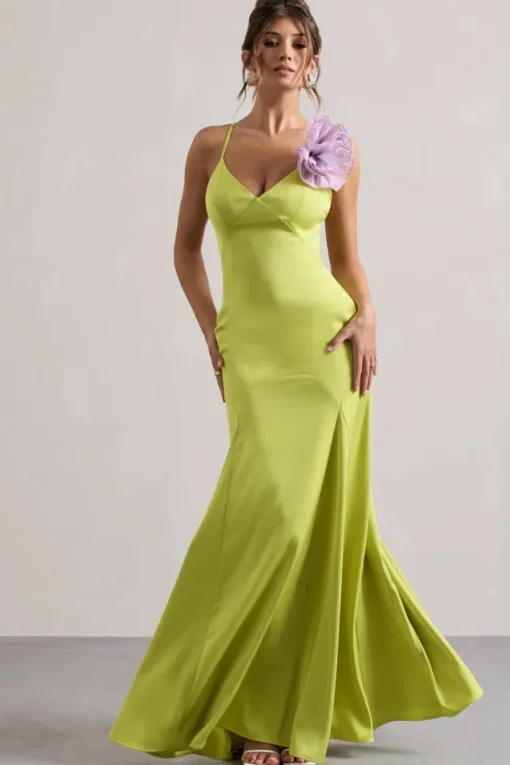 Zamora | Lime Green Plunge-Neck Fishtail Maxi Dress With Corsage